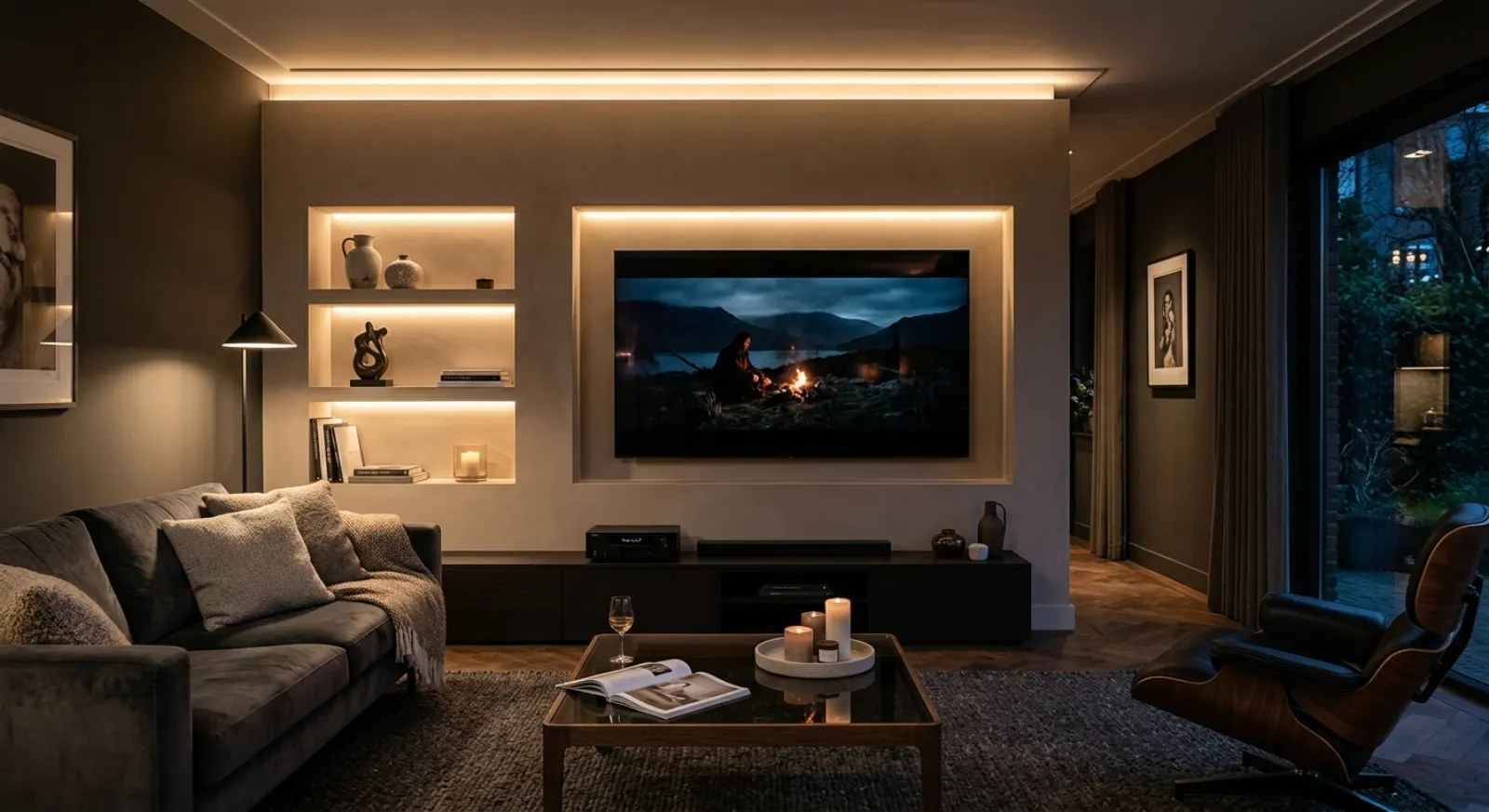 Cinewall TV-wand in strak stucwerk met verlichting