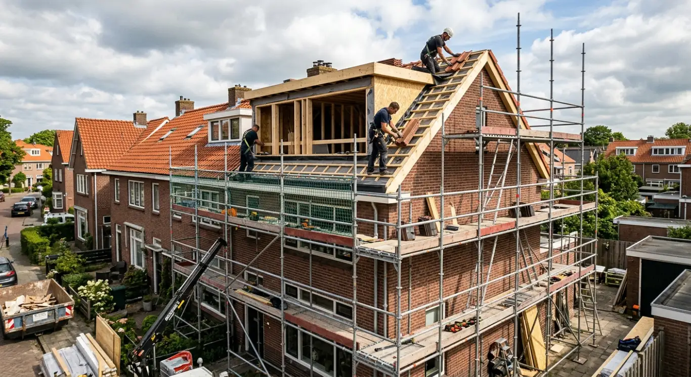 Dakopbouw in uitvoering met steiger op een woning