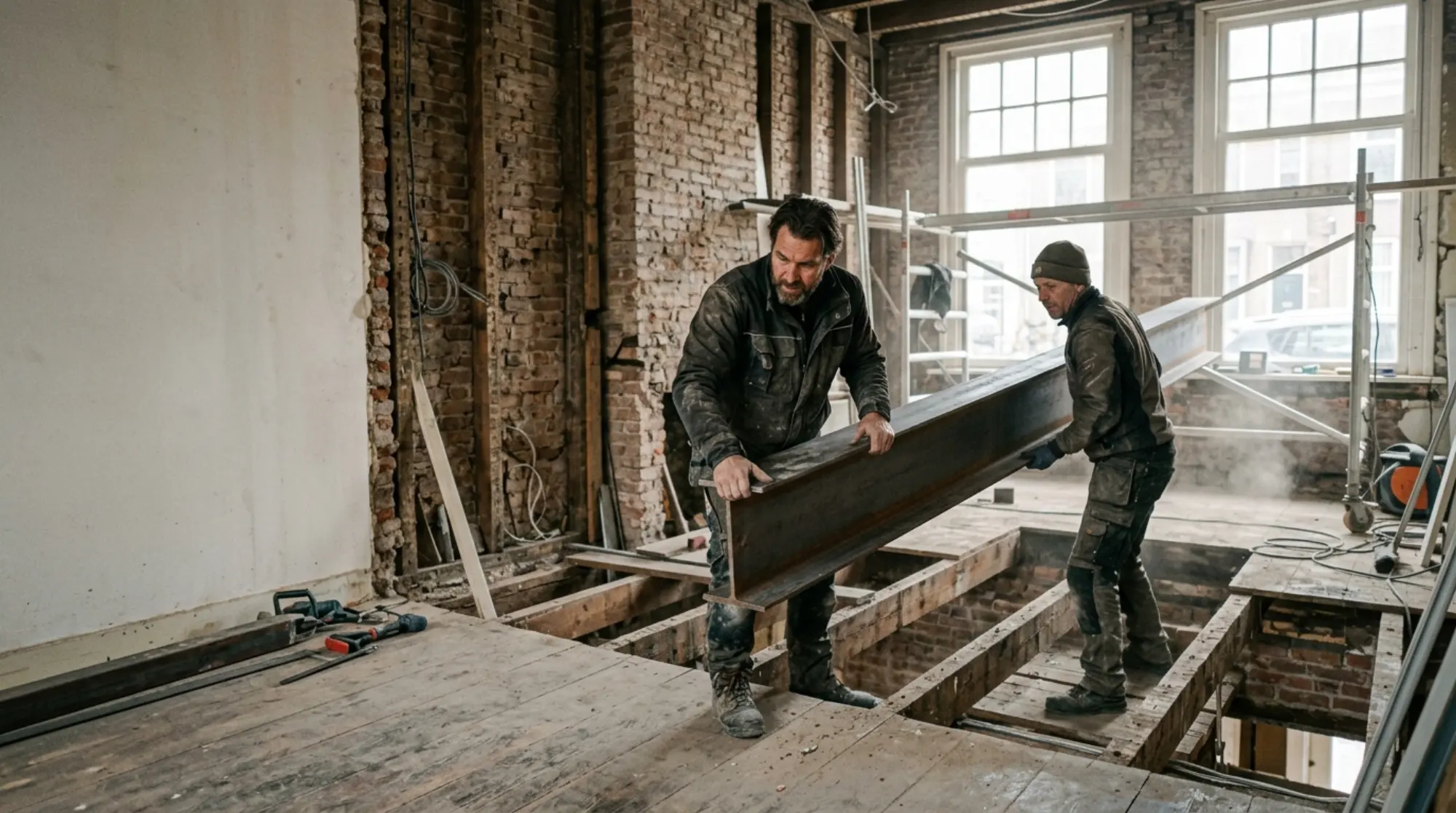 Twee vakmensen van De Vliegende Hamer plaatsen een stalen ligger tijdens een totaalrenovatie van een jaren-30 woning in Den Haag