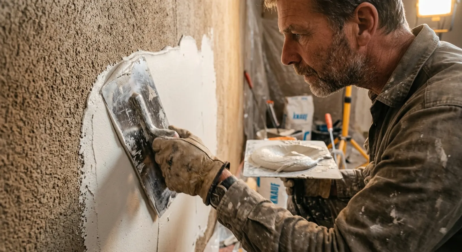 Vakman brengt strak stucwerk aan met een spaan